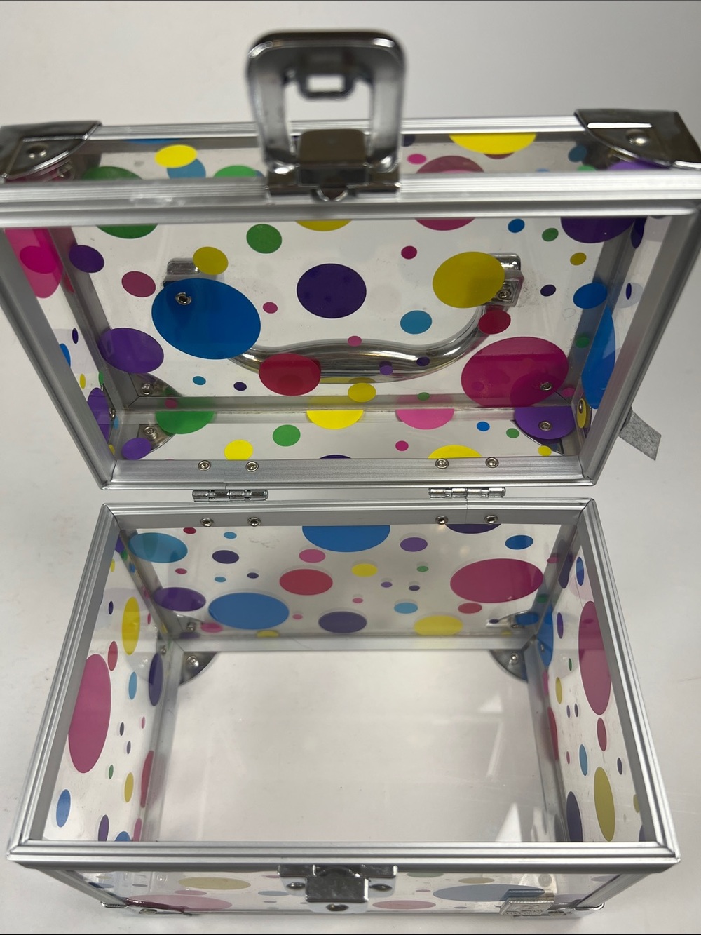 Caboodles Clear Cosmetic Case with Multicolor Polka Dots and Silver Trim - Picture 6 of 8